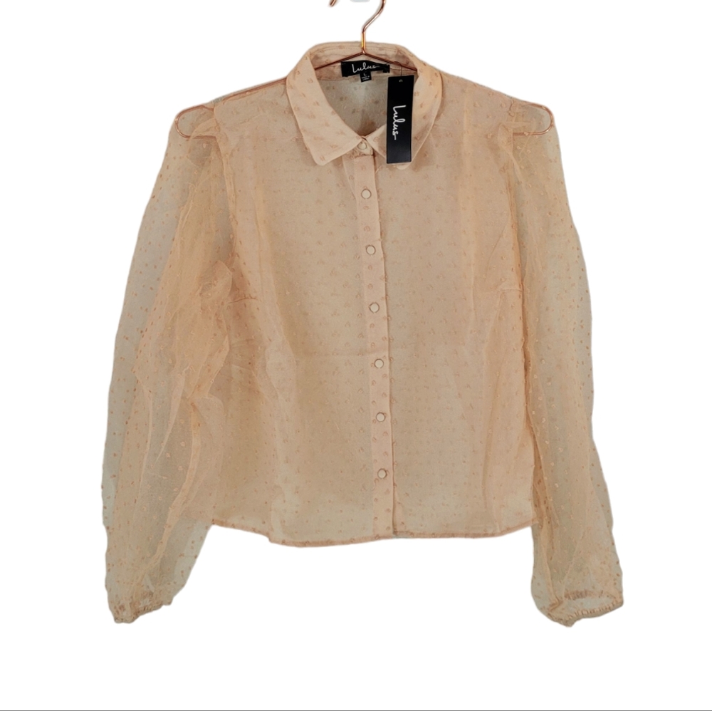 LULU'S Beige Long Sleeve Swiss Dot Sheer Button Front Shirt Size L